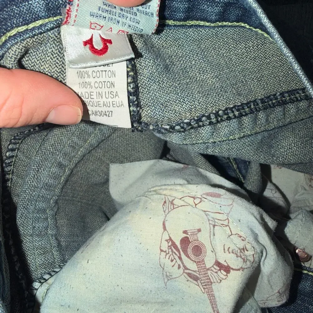True Religion Billy Jeans Men’s 38 Skull Roses Horseshoe Blue Denim